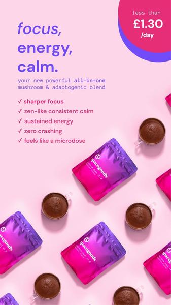 A vertical ad creative featuring a clean, minimalist layout with benefit bullet points and product packaging for a mushroom blend.